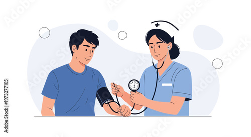 Nurse checking patient's blood pressure with stethoscope and sphygmomanometer