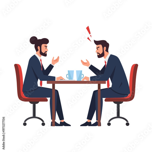 Two businessmen arguing at a table, conflict and disagreement in business meeting