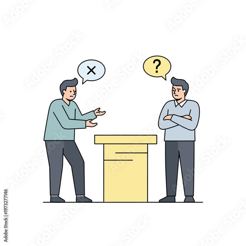 Two men arguing, one confused, disagreement and debate concept illustration