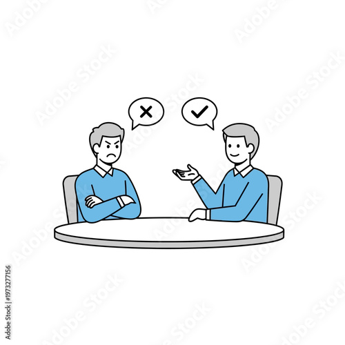 Two men discussing at table, one frustrated, one agreeing with checkmark