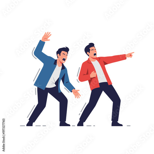 Two men shouting and gesturing wildly, expressing shock or disbelief, isolated on white background