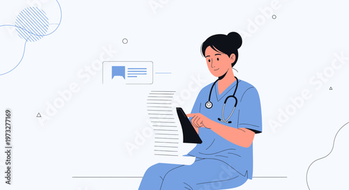 Nurse using tablet, medical illustration, healthcare concept, doctor working on digital device