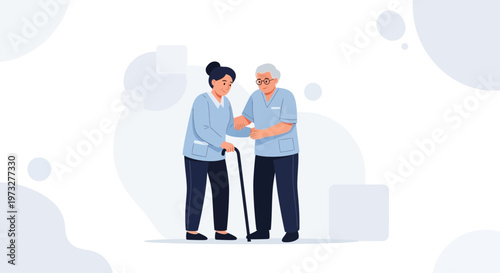 Nurse assisting elderly man with cane, healthcare support, medical care, home assistance, senior health