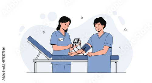 Nurse measuring blood pressure of a patient in a medical examination room