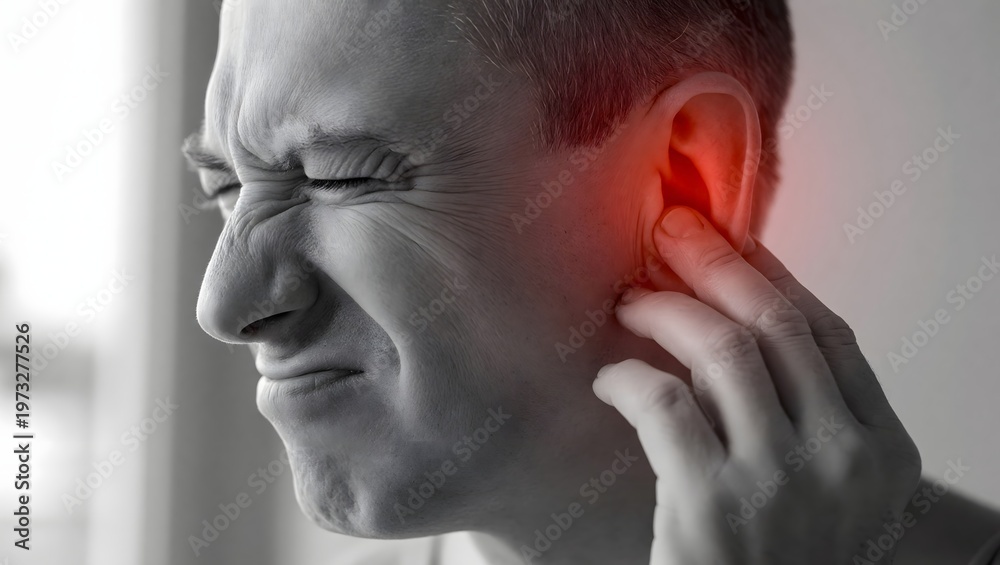 Fototapeta premium Severe earache and symptoms of otitis media. Audiology and ENT medical treatment. Man grimacing in pain while pressing his hand against a glowing red ear
