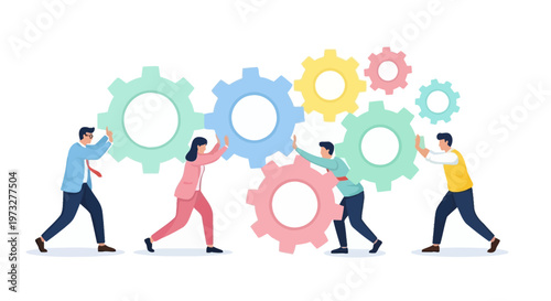 People working together with colorful gears.