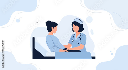 Nurse caring for patient in hospital bed, healthcare concept illustration