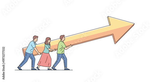 Three people pushing large arrow.