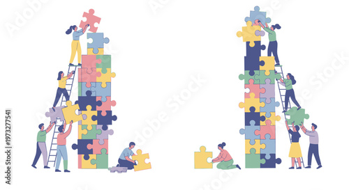 People working on puzzle pieces towers.