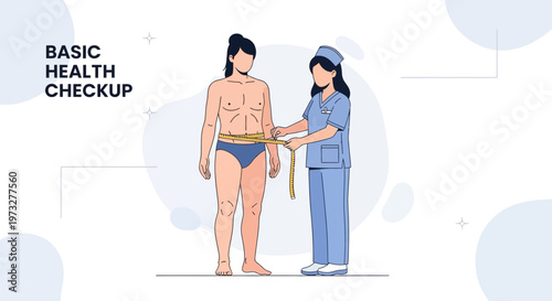 Nurse measuring man's waist for health checkup, medical concept illustration