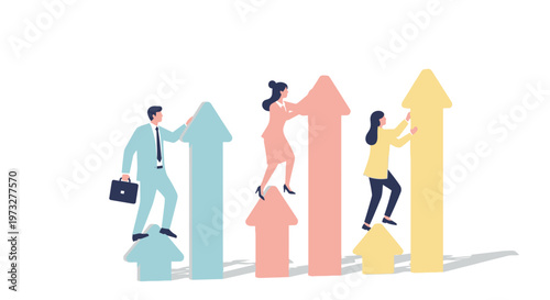 Business people climbing growth arrows.