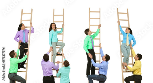 People climbing ladders together helping.