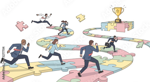 Businessmen running on puzzle pieces.