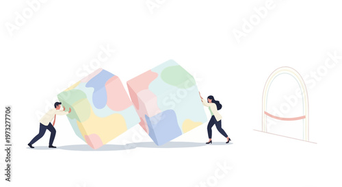 Two businessmen pushing large colorful globes.