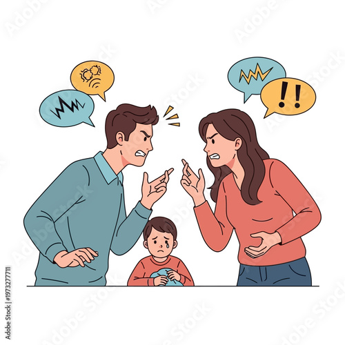 Angry parents arguing, sad child in between, family conflict, domestic dispute illustration
