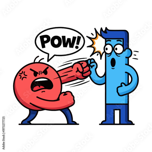 Angry red character punching surprised blue character with POW speech bubble