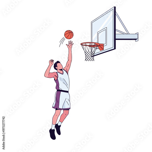 Basketball player scoring a slam dunk with a jump shot on a white background