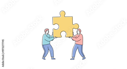 Two businessmen holding puzzle pieces together.