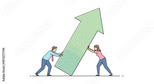 Business people pushing green arrow up.