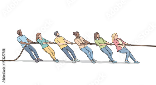 People pulling on a rope together.