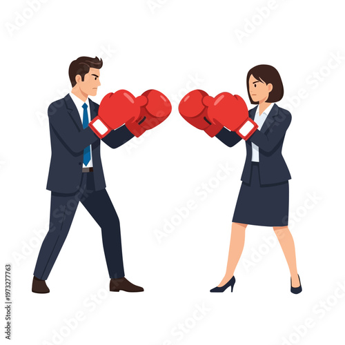 Business Competition: Man and Woman in Boxing Gloves Facing Off