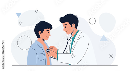 Doctor examining child with stethoscope, medical check-up, healthcare concept illustration