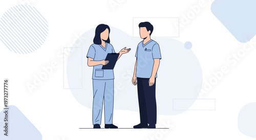Two healthcare professionals in scrubs discussing medical information, flat design illustration
