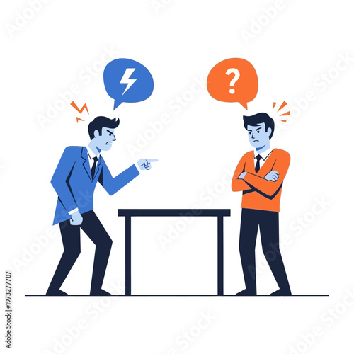 Business conflict: angry man accusing colleague with lightning and question marks.