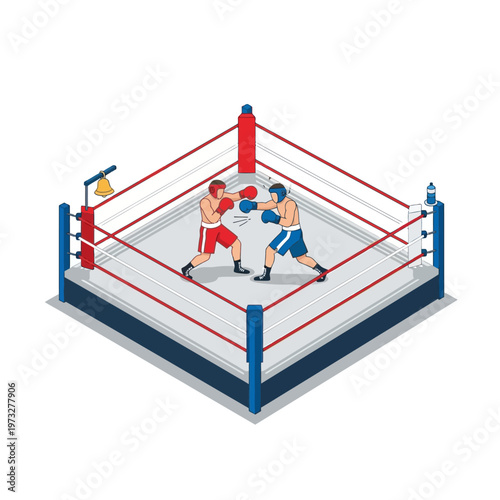 Boxers Fighting in Ring, Isometric View, Sports Competition Concept