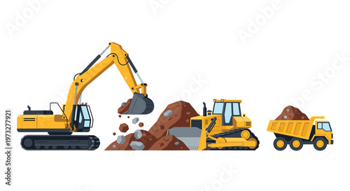 A detailed vector illustration depicts a yellow hydraulic excavator, a powerful bulldozer, and a loaded dump truck operating together at a busy construction site.