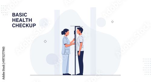Nurse measuring height of a man during basic health checkup, medical examination concept