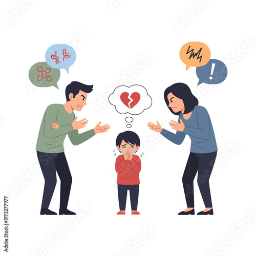 Child distressed between arguing parents, broken heart symbol, conflict illustration