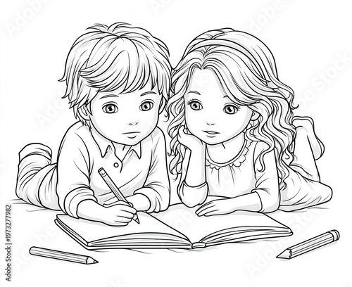 Two children drawing and writing in a book indoors
