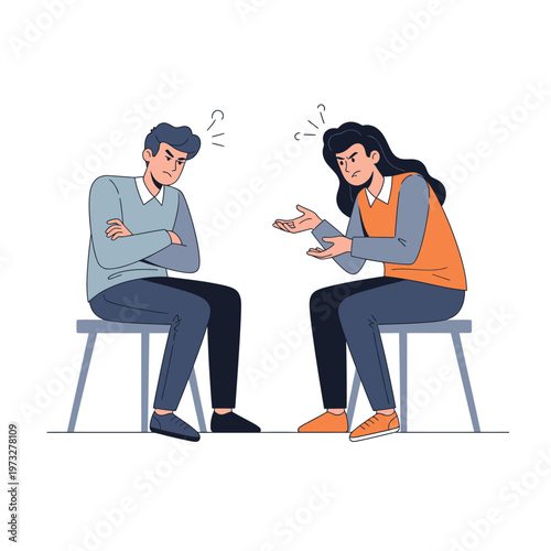 Couple arguing, frustrated man and woman sitting on chairs, conflict illustration
