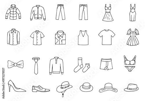 A set of different clothes. Freehand drawing. Doodle. Hand Drawn. Outline.

