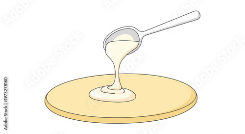 A detailed vector graphic illustrates a silver metal spoon pouring a smooth white creamy sauce or batter onto a round prepared yellow dough surface.