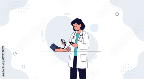 Doctor checking patient's blood pressure with sphygmomanometer, medical checkup illustration
