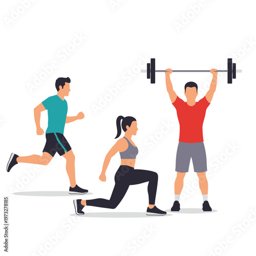 Diverse people exercising: running, lunging, and weightlifting for fitness and health