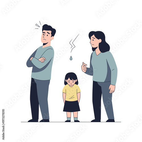 Family Conflict: Parents arguing, child sad between them, emotional stress illustration