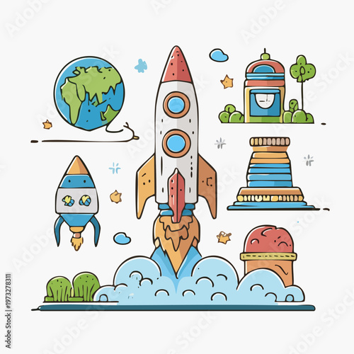 Rocket Ship Blasting Off Into Space.