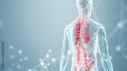 Anatomical visualization of the human spine and rib cage with highlighted pain points