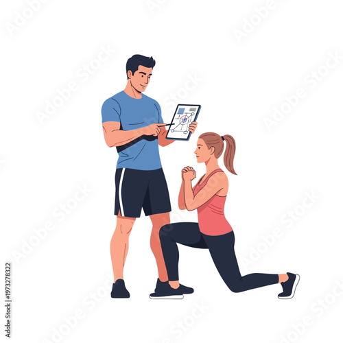 Fitness coach instructing woman during lunge exercise with tablet