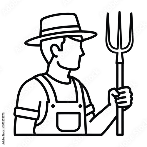 Farmer holding a pitchfork wearing hat and overalls vector line art illustration with farm worker with manual labor with food production