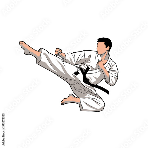 Karate Athlete Performing High Kick in White Gi with Black Belt