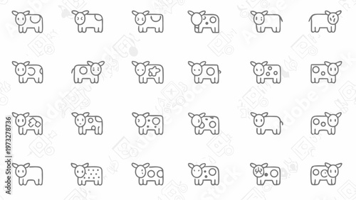 Collection of charming minimalist line art icons representing various cow breeds and styles perfect for farm agriculture and dairy themes isolated on a clean white background