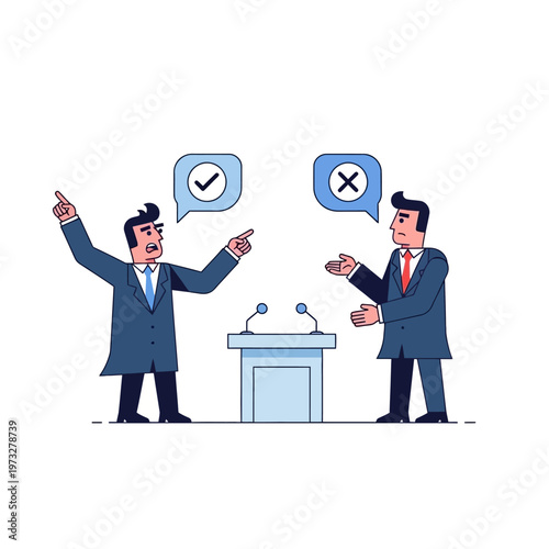 Political debate illustration: two politicians arguing at podiums, one with checkmark, one with cross