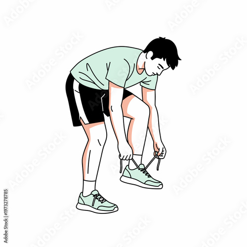 Man tying shoelaces on sneakers, preparing for sports or running, clean vector illustration