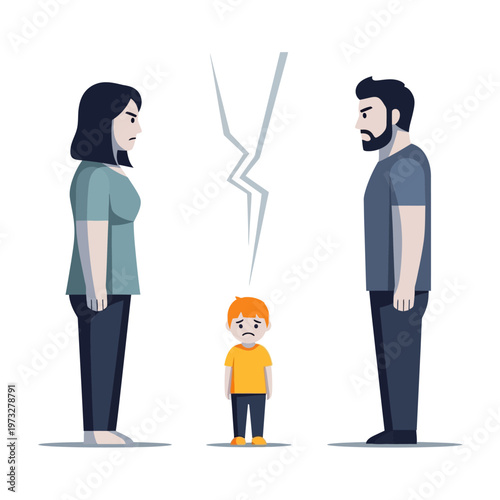Sad child between arguing parents, family conflict, divorce concept, illustration