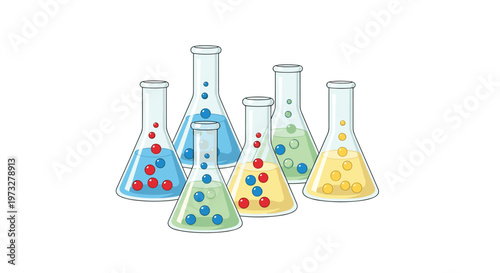A vibrant group of six conical laboratory flasks filled with blue, green, and yellow liquids containing colorful floating spheres stands on a white background.