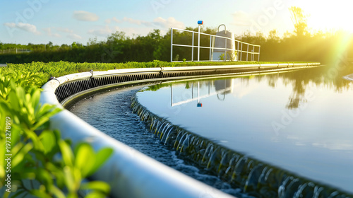 Modern water treatment facility with clean water flowing and lush greenery
